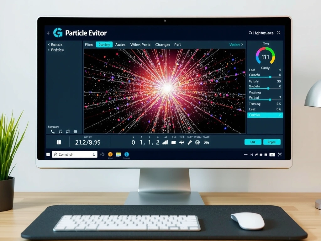 Game engine particle editor on a developer's monitor