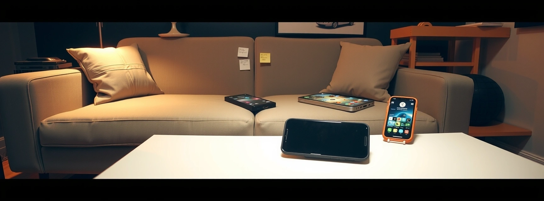 Studio playtesting corner with sticky-note feedback wall