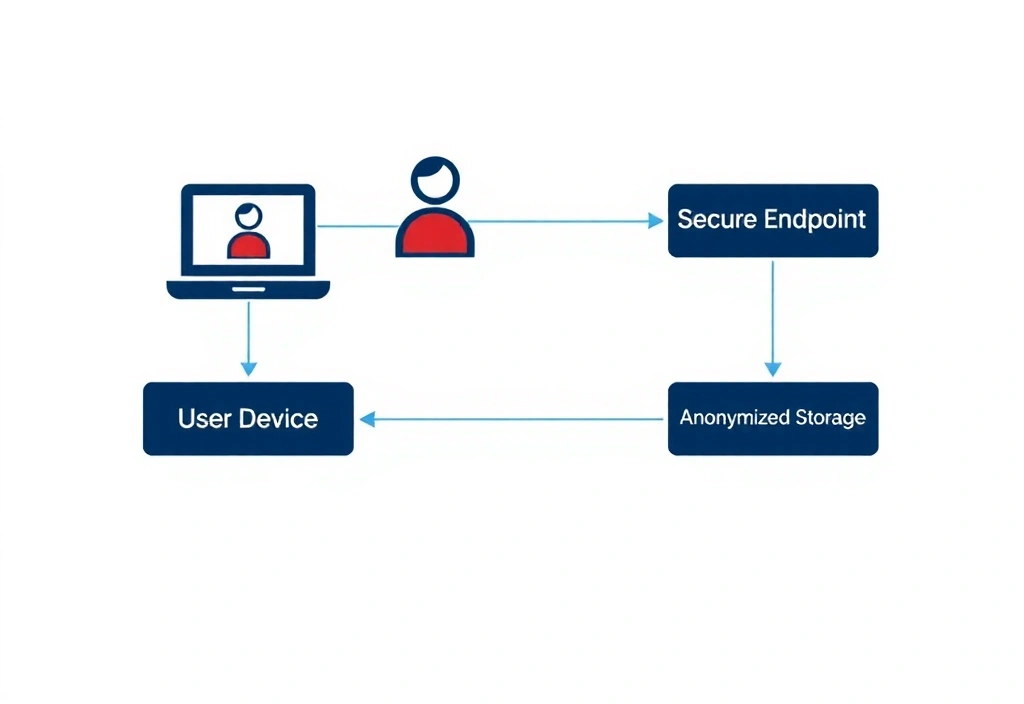 Schematic showing simplified data flow from user device to anonymized storage.